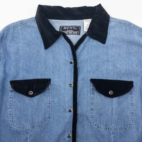 Denim Snap Front Shirt with Black Velvet Collar and Trim - Picture 3 of 6